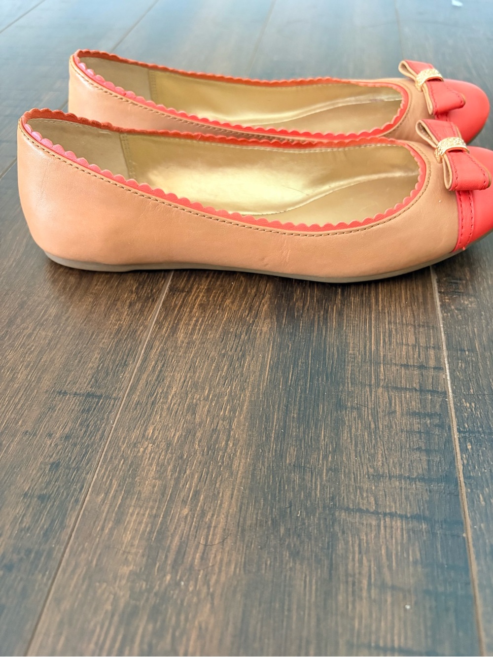Coach Colorblock Leather Ballet Flats Coral Pink & Tan Bow Shoes Size 36 - Picture 5 of 15